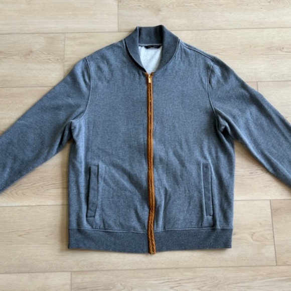Sean John Gray Collared Full Zip Sweater with Zipper and Elbow Patches - Picture 1 of 4